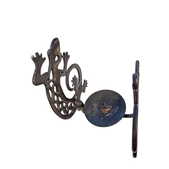 Vintage Southwestern Black Wrought Iron Gecko Lizard Pillar Candle Holder Sconce - Picture 3 of 4
